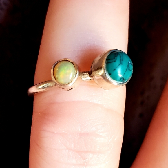 New Ethiopian Opal & Turquoise Thin Silver Band Ring. - Picture 13 of 15